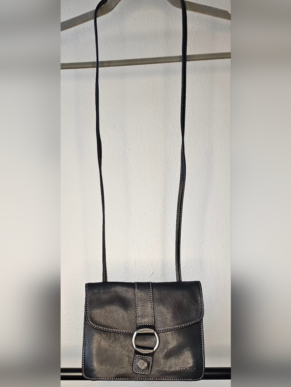 Vintage Fossil Pebble Black Leather Crossbody Purse Bag